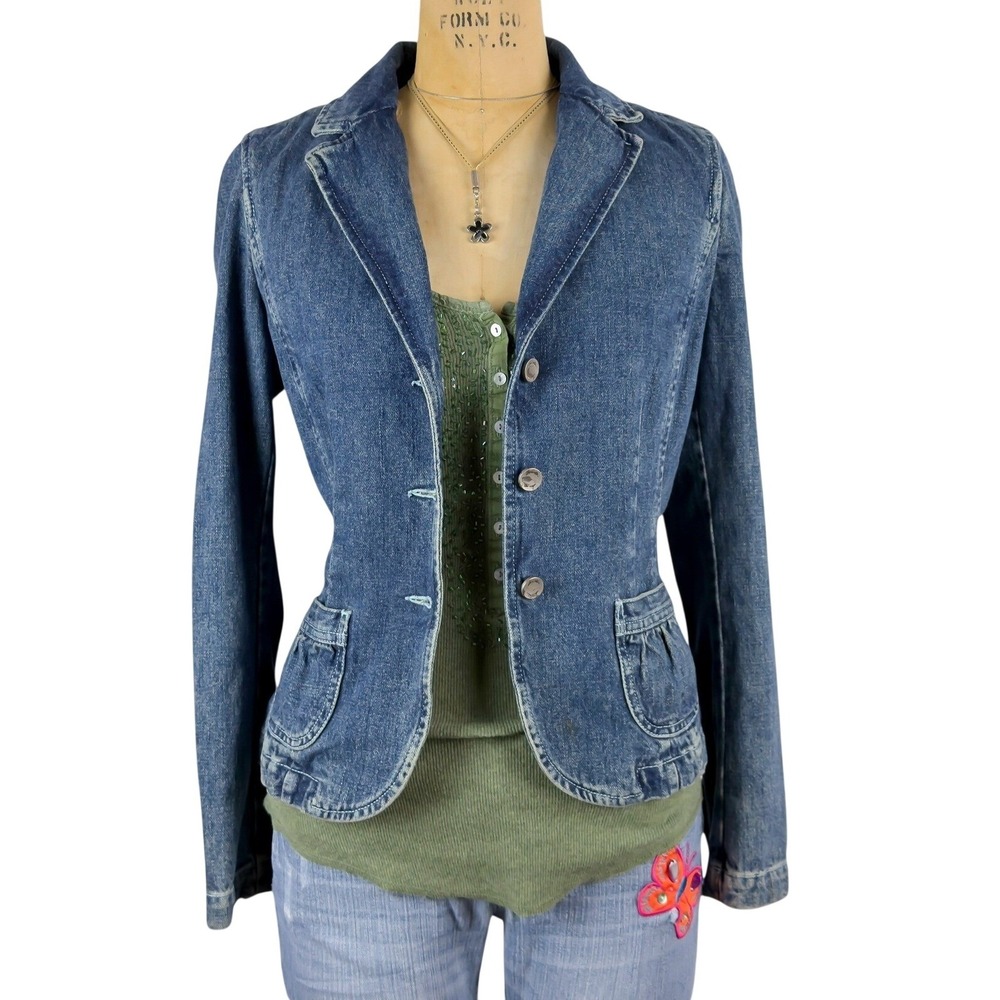 90s Denim Floral Lined Blazer Pleated‎ Pocket Summer Office Jacket Indie Sz S M